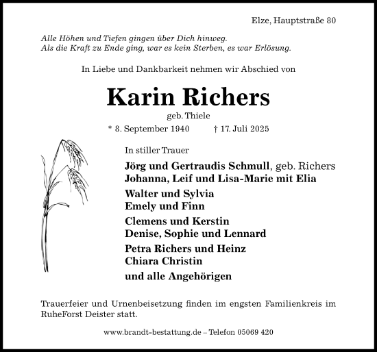 Traueranzeige von Karin Richers von Hildesheimer Allgemeine Zeitung