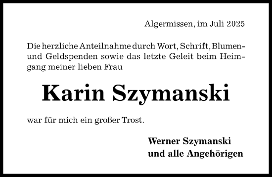 Traueranzeige von Karin Szymanski von Hildesheimer Allgemeine Zeitung