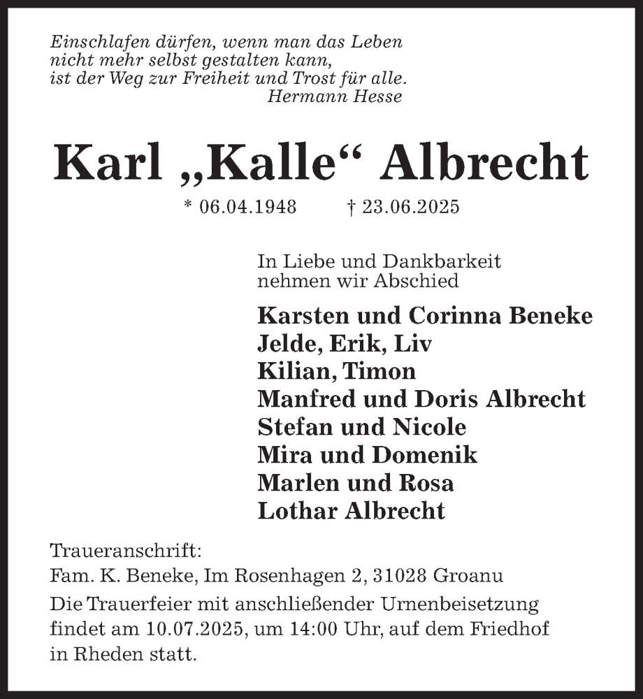  Traueranzeige für Karl Albrecht vom 07.07.2025 aus Hildesheimer Allgemeine Zeitung