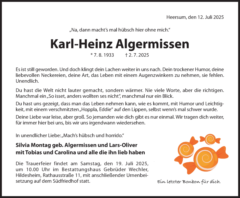  Traueranzeige für Karl-Heinz Algermissen vom 12.07.2025 aus Hildesheimer Allgemeine Zeitung