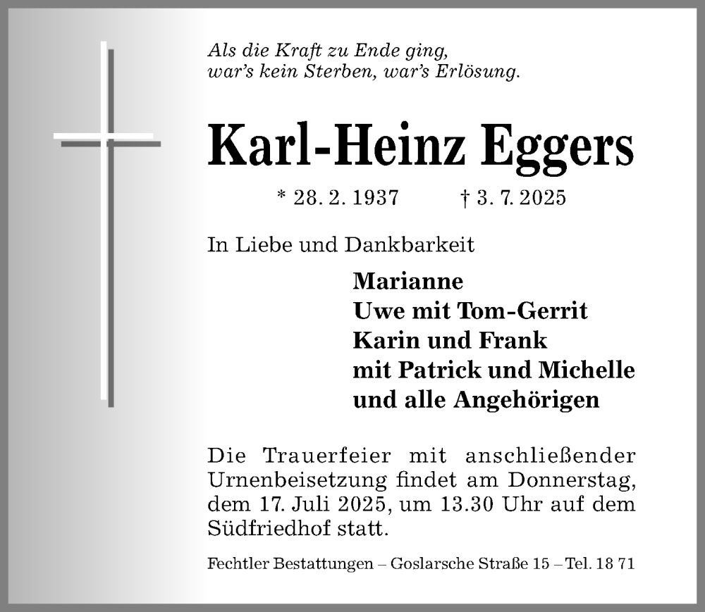  Traueranzeige für Karl-Heinz Eggers vom 12.07.2025 aus Hildesheimer Allgemeine Zeitung