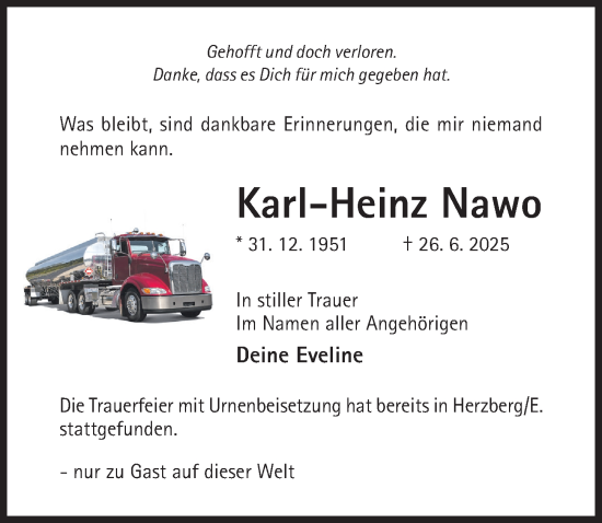 Traueranzeige von Karl-Heinz Nawo von Hildesheimer Allgemeine Zeitung