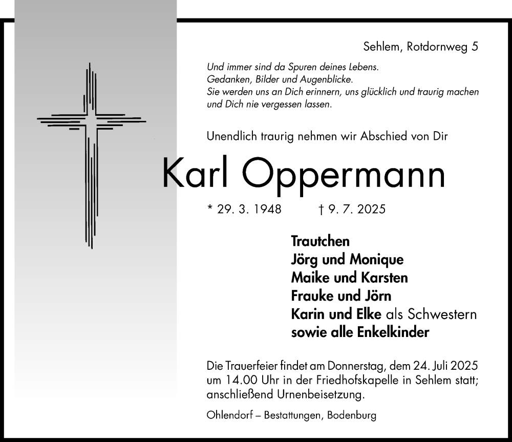  Traueranzeige für Karl Oppermann vom 12.07.2025 aus Hildesheimer Allgemeine Zeitung