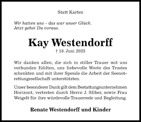 Traueranzeige von Kay Westendorff von Hildesheimer Allgemeine Zeitung