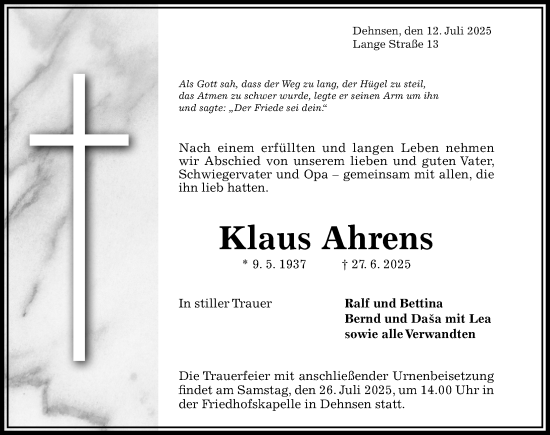 Traueranzeige von Klaus Ahrens von Hildesheimer Allgemeine Zeitung