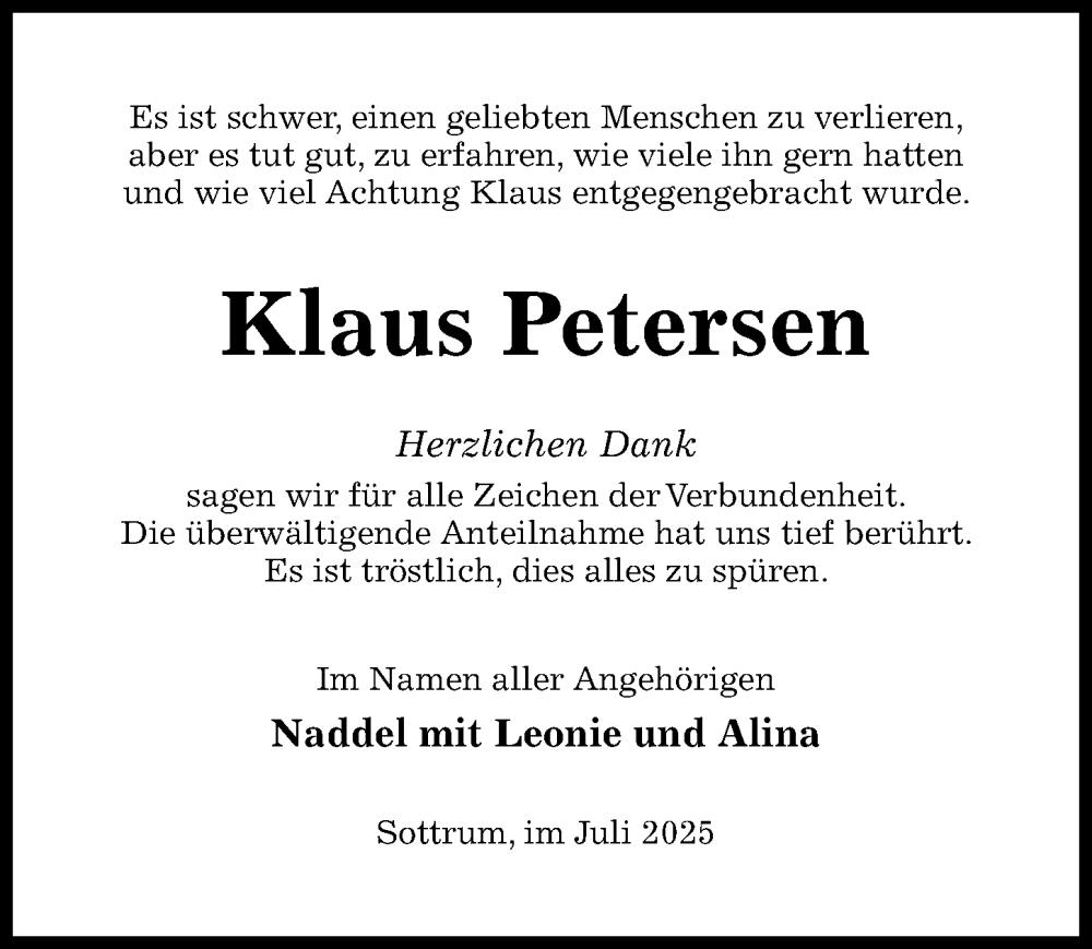  Traueranzeige für Klaus Petersen vom 12.07.2025 aus Hildesheimer Allgemeine Zeitung