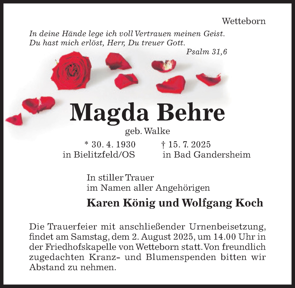  Traueranzeige für Magda Behre vom 26.07.2025 aus Hildesheimer Allgemeine Zeitung