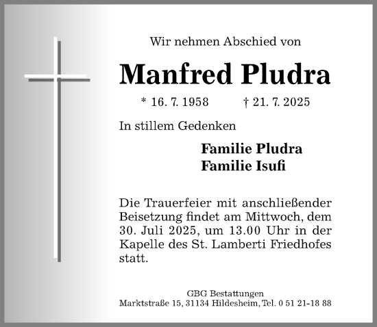 Traueranzeige von Manfred Pludra von Hildesheimer Allgemeine Zeitung
