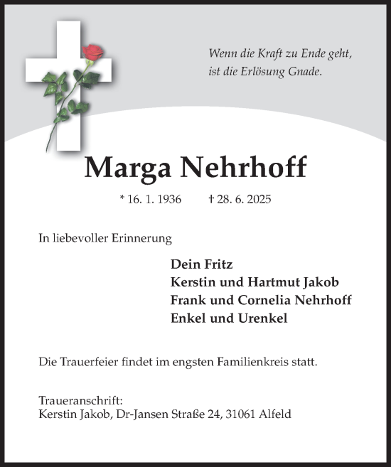Traueranzeige von Marga Nehrhoff von Hildesheimer Allgemeine Zeitung