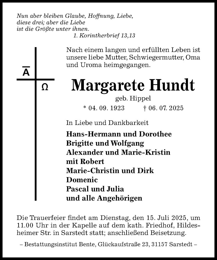  Traueranzeige für Margarete Hundt vom 09.07.2025 aus Hildesheimer Allgemeine Zeitung