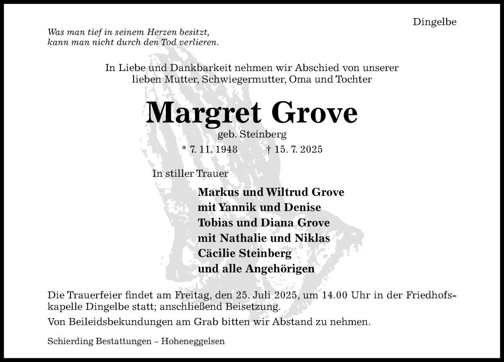  Traueranzeige für Margret Grove vom 22.07.2025 aus Hildesheimer Allgemeine Zeitung
