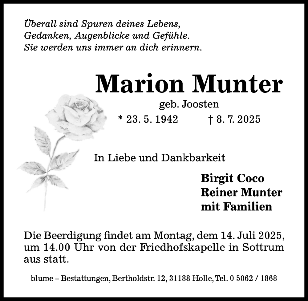  Traueranzeige für Marion Munter vom 12.07.2025 aus Hildesheimer Allgemeine Zeitung
