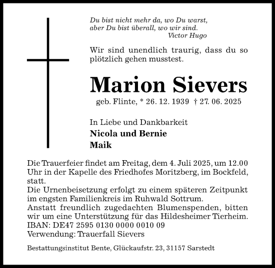 Traueranzeige von Marion Sievers von Hildesheimer Allgemeine Zeitung