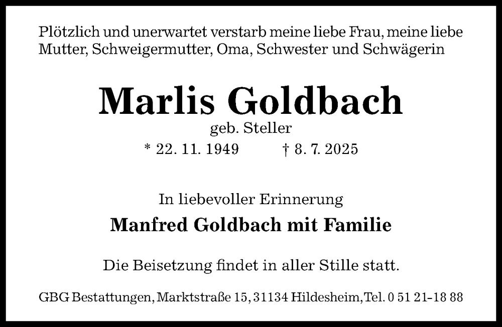  Traueranzeige für Marlis Goldbach vom 12.07.2025 aus Hildesheimer Allgemeine Zeitung
