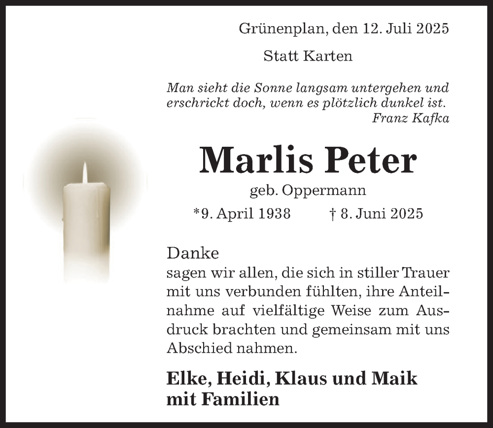  Traueranzeige für Marlis Peter vom 12.07.2025 aus Hildesheimer Allgemeine Zeitung