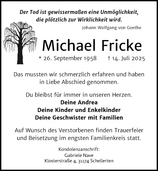 Traueranzeige von Michael Fricke von Hildesheimer Allgemeine Zeitung