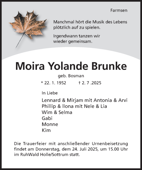 Traueranzeige von Moira Yolande Brunke von Hildesheimer Allgemeine Zeitung