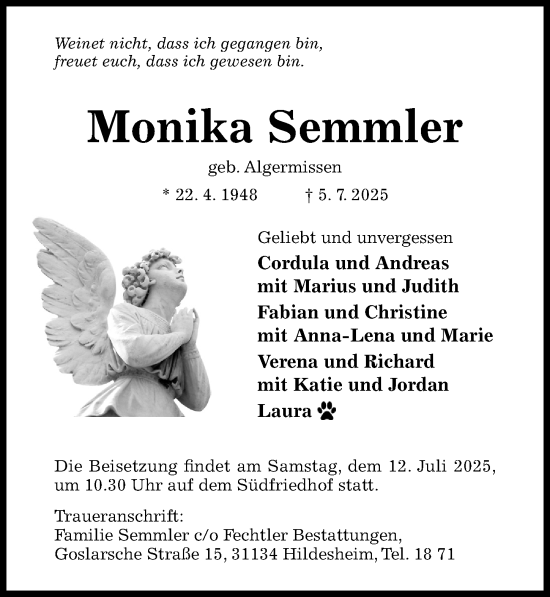 Traueranzeige von Monika Semmler von Hildesheimer Allgemeine Zeitung