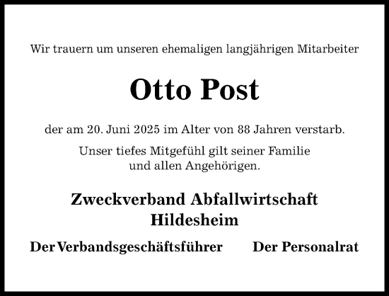 Traueranzeige von Otto Post von Hildesheimer Allgemeine Zeitung