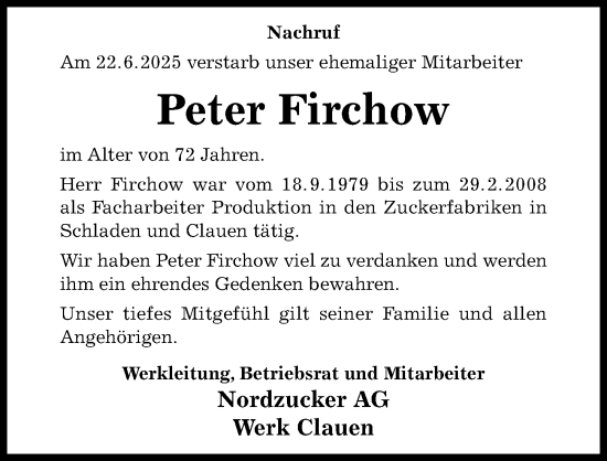 Traueranzeige von Peter Firchow von Hildesheimer Allgemeine Zeitung