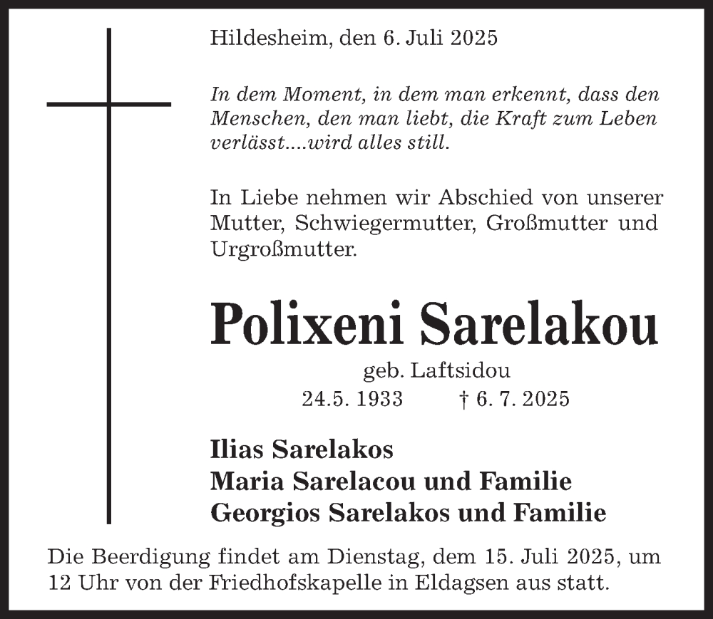  Traueranzeige für Polixeni Sarelakou vom 12.07.2025 aus Hildesheimer Allgemeine Zeitung