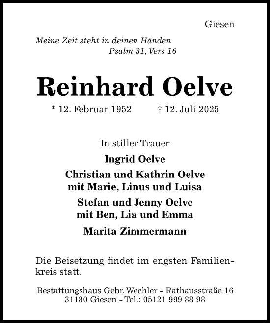 Traueranzeige von Reinhard Oelve von Hildesheimer Allgemeine Zeitung