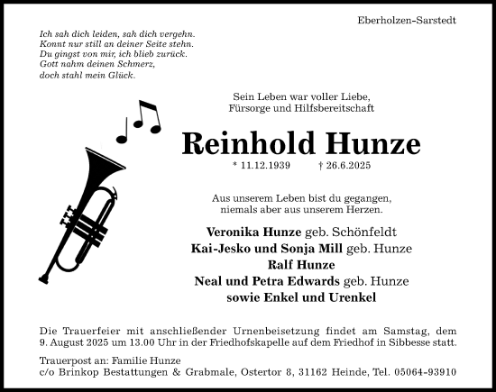 Traueranzeige von Reinhold Hunze von Hildesheimer Allgemeine Zeitung