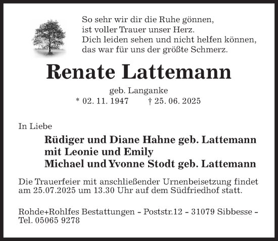 Traueranzeige von Renate Lattemann von Hildesheimer Allgemeine Zeitung