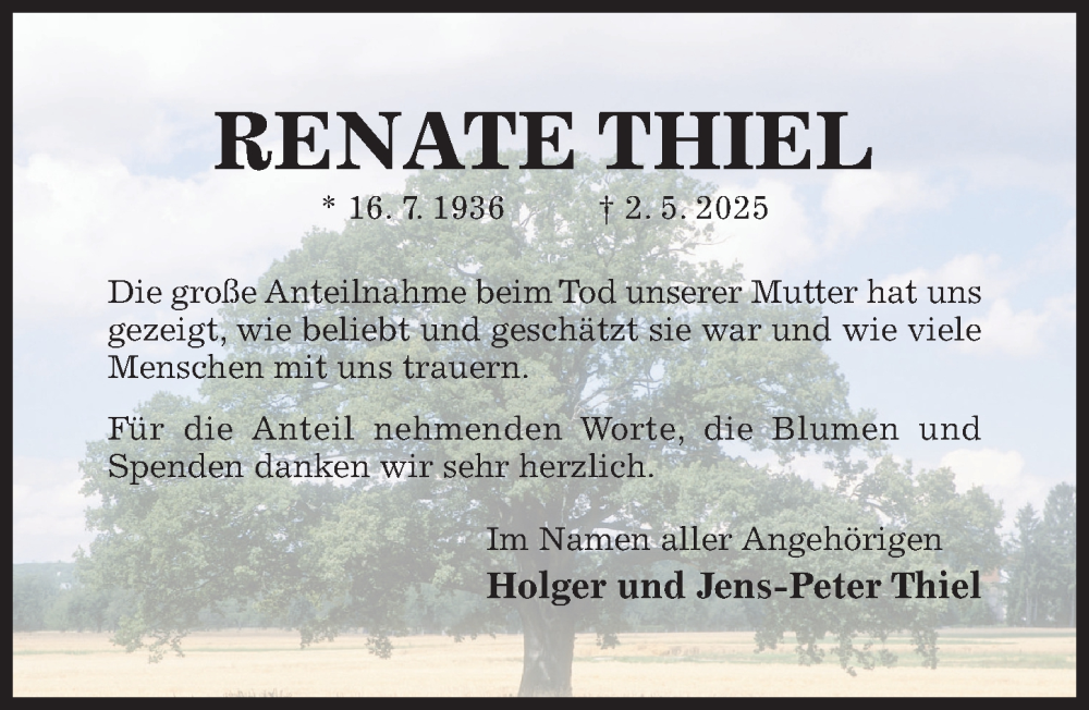  Traueranzeige für Renate Thiel vom 02.07.2025 aus Hildesheimer Allgemeine Zeitung