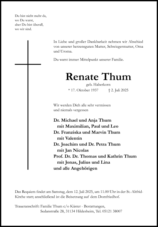 Traueranzeige von Renate Thum von Hildesheimer Allgemeine Zeitung