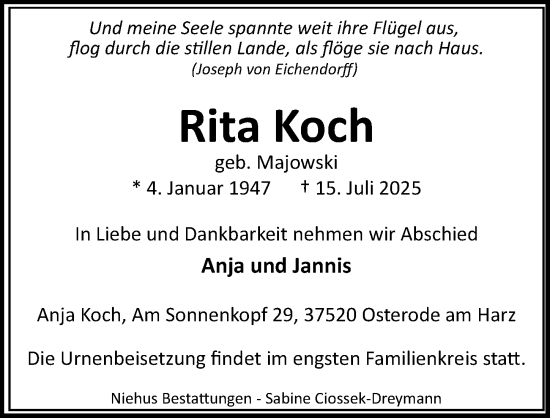 Traueranzeige von Rita Koch von Hildesheimer Allgemeine Zeitung