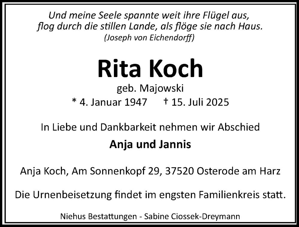 Traueranzeige für Rita Koch vom 19.07.2025 aus Hildesheimer Allgemeine Zeitung