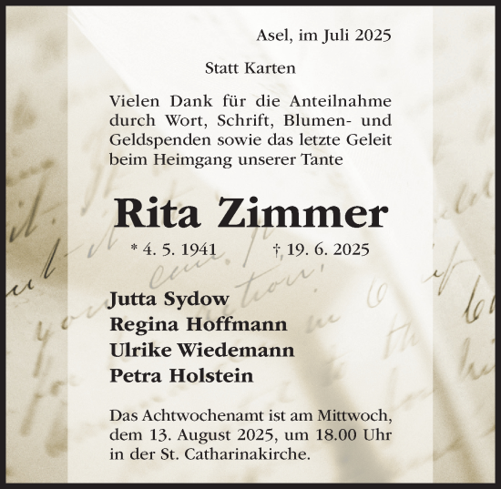 Traueranzeige von Rita Zimmer von Hildesheimer Allgemeine Zeitung