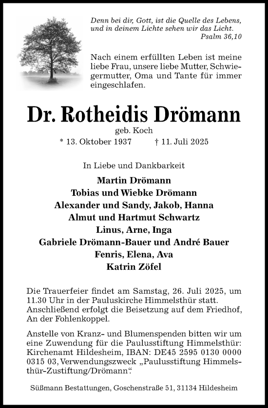 Traueranzeige von Rotheidis Drömann von Hildesheimer Allgemeine Zeitung