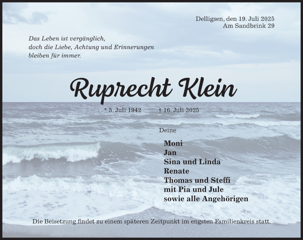  Traueranzeige für Ruprecht Klein vom 19.07.2025 aus Hildesheimer Allgemeine Zeitung