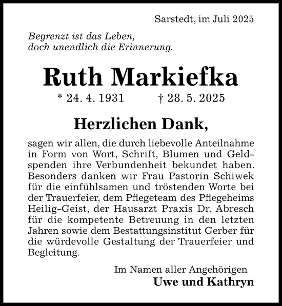 Traueranzeige von Ruth Markiefka von Hildesheimer Allgemeine Zeitung