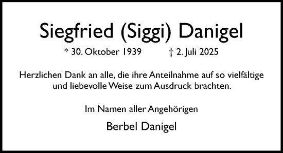 Traueranzeige von Siegfried Danigel von Hildesheimer Allgemeine Zeitung