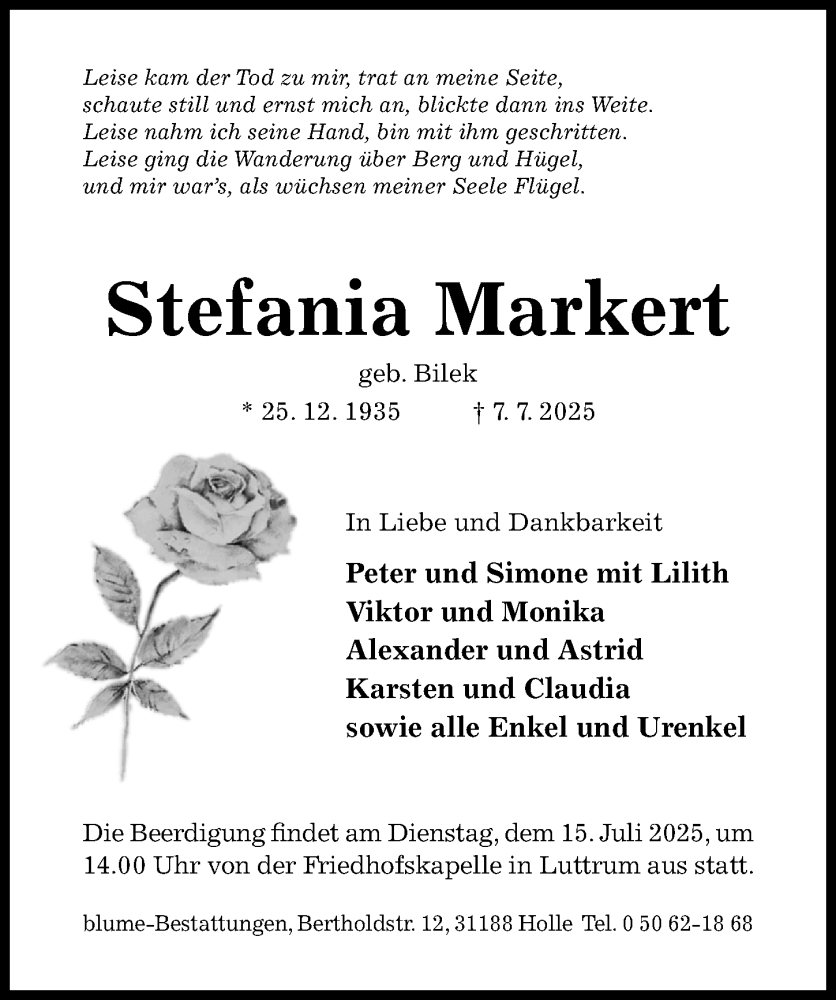  Traueranzeige für Stefania Markert vom 12.07.2025 aus Hildesheimer Allgemeine Zeitung