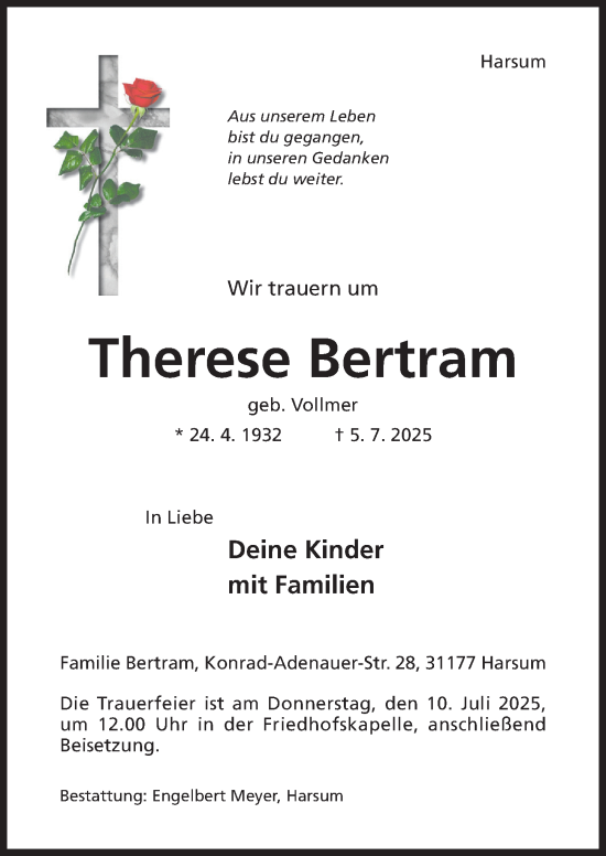 Traueranzeige von Therese Bertram von Hildesheimer Allgemeine Zeitung