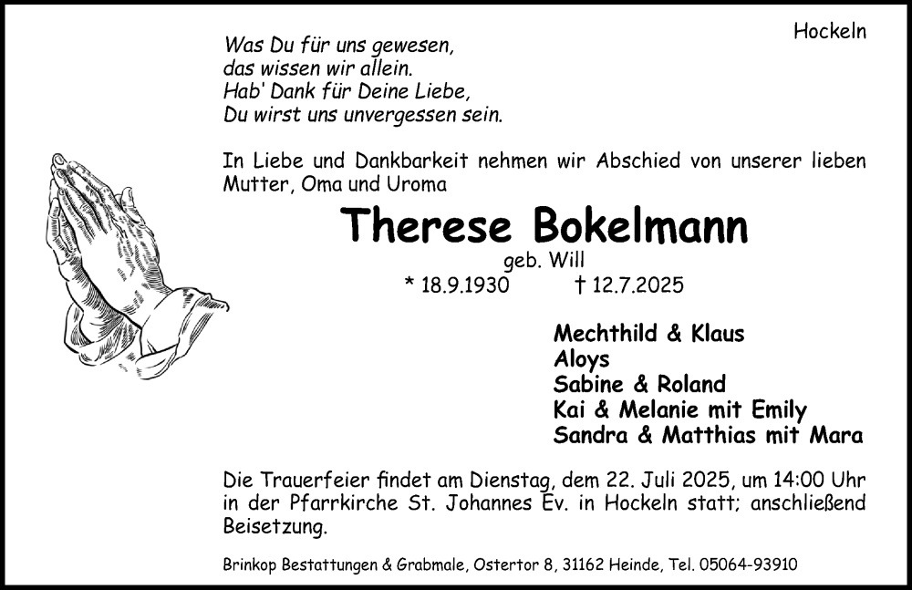  Traueranzeige für Therese Bokelmann vom 16.07.2025 aus Hildesheimer Allgemeine Zeitung