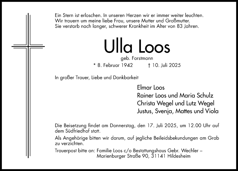  Traueranzeige für Ulla Loos vom 16.07.2025 aus Hildesheimer Allgemeine Zeitung