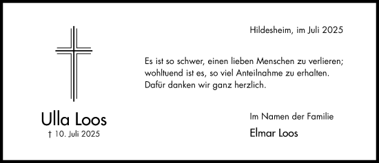Traueranzeige von Ulla Loos von Hildesheimer Allgemeine Zeitung