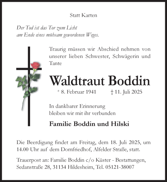 Traueranzeige von Waldtraut Boddin von Hildesheimer Allgemeine Zeitung