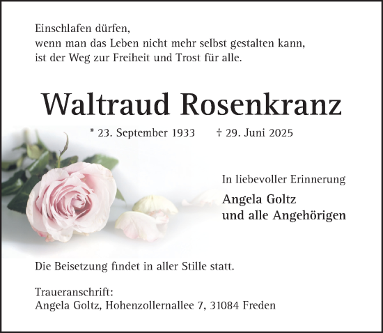 Traueranzeige von Waltraud Rosenkranz von Hildesheimer Allgemeine Zeitung