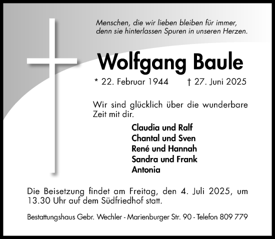 Traueranzeige von Wolfgang Baule von Hildesheimer Allgemeine Zeitung