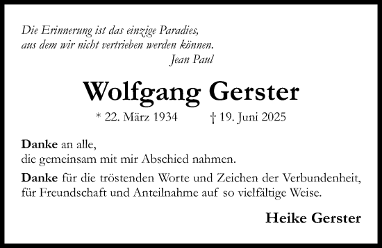 Traueranzeige von Wolfgang Gerster von Hildesheimer Allgemeine Zeitung
