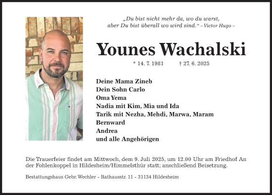 Traueranzeige von Younes Wachalski von Hildesheimer Allgemeine Zeitung