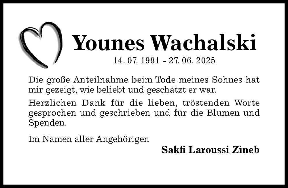  Traueranzeige für Younes Wachalski vom 26.07.2025 aus Hildesheimer Allgemeine Zeitung