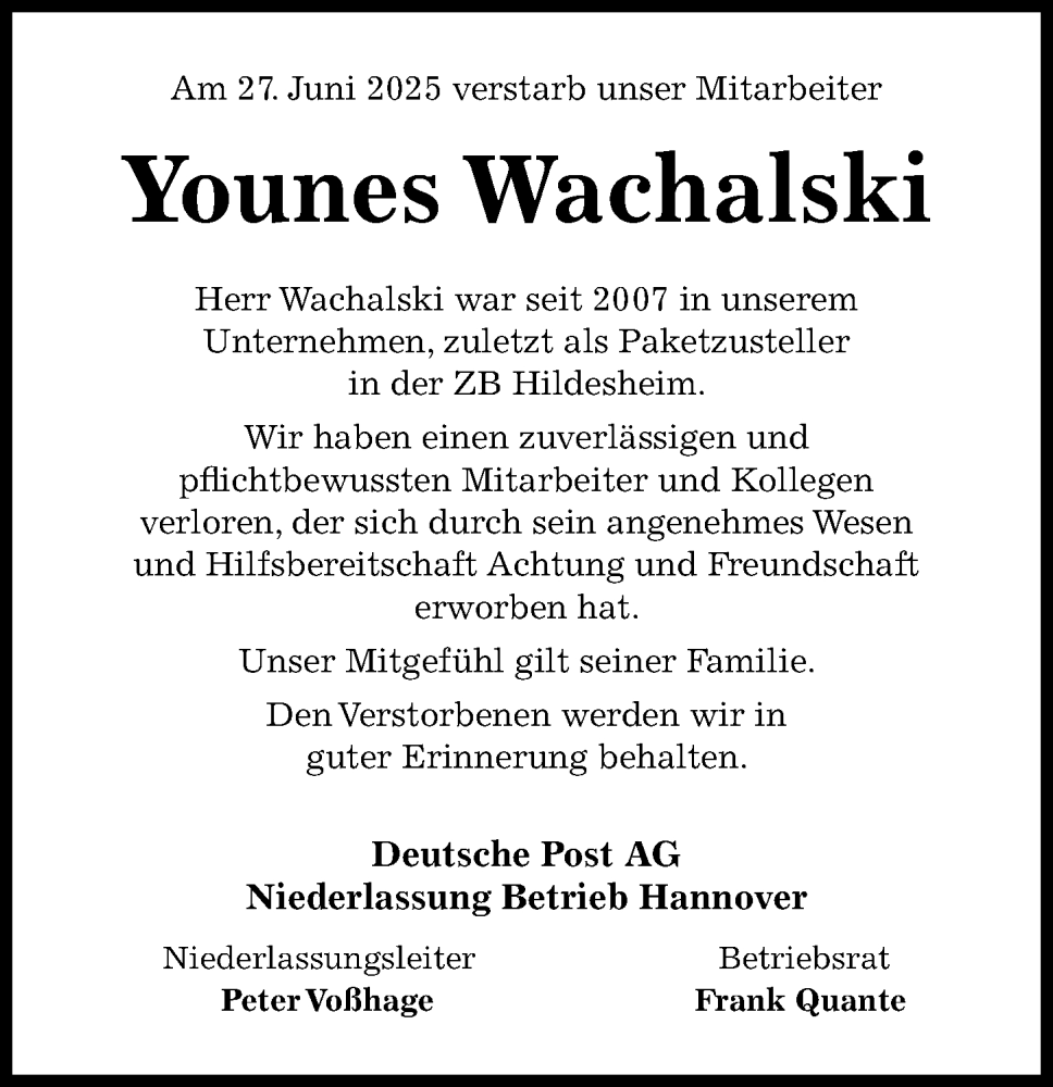  Traueranzeige für Younes Wachalski vom 05.07.2025 aus Hildesheimer Allgemeine Zeitung