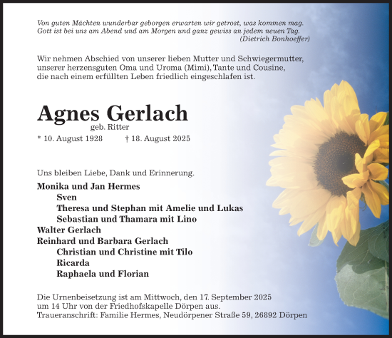 Traueranzeige von Agnes Gerlach von Hildesheimer Allgemeine Zeitung